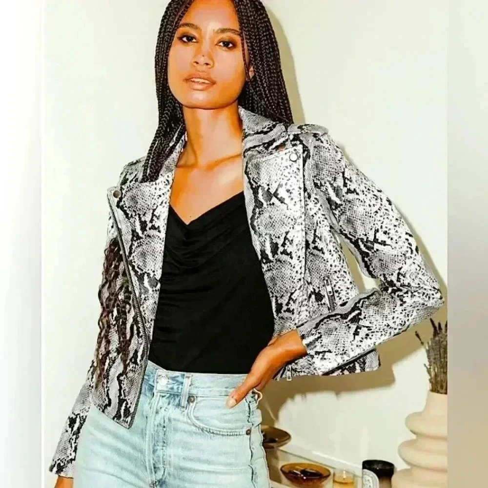 BB Dakota Vegan Leather Moto Jacket Watch Out Snake Python Print Mob Wife
